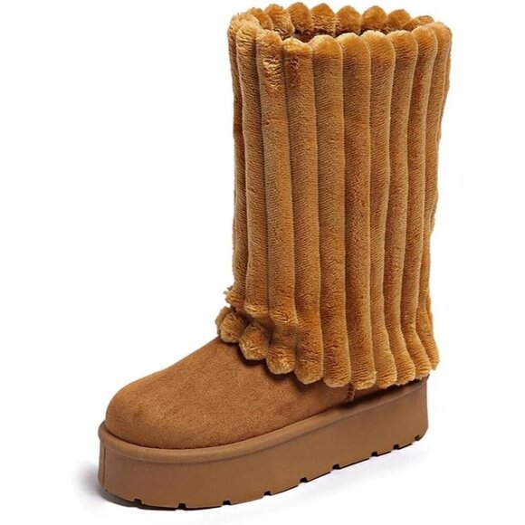 ✨Women's Brown Platform Fur Boots Fuzzy Fleece Lined Ankle Anti-Slip Booties - Picture 1 of 6